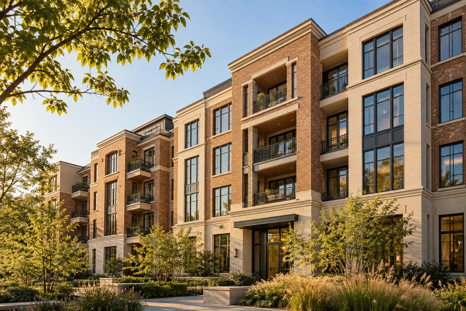 Warm brick and stone architecture framed by green trees